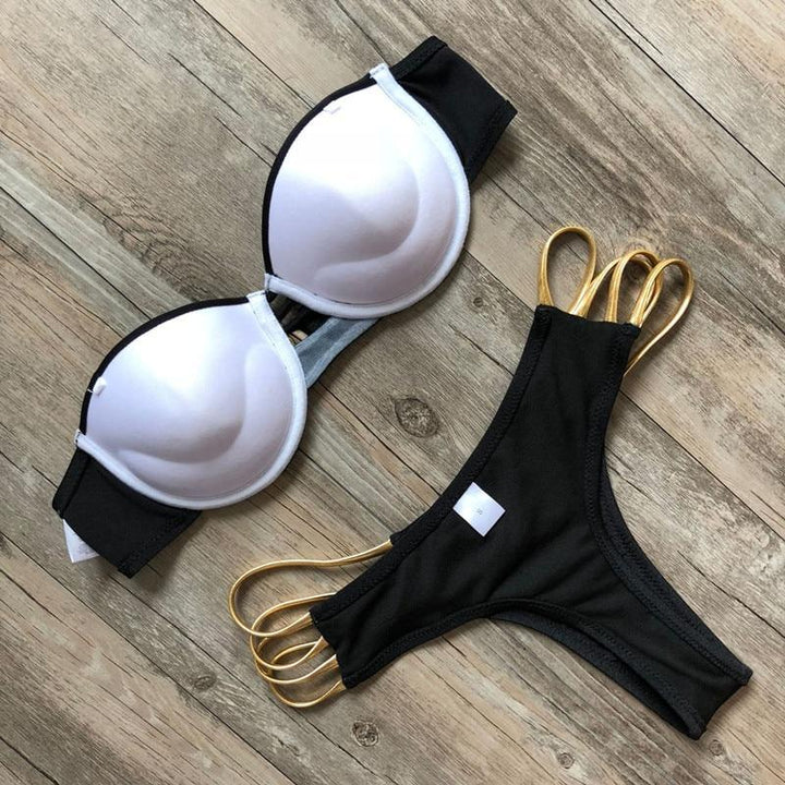 Modne damskie bikini ze złotymi zdobieniami, bez ramiączek, na lato i wakacje.