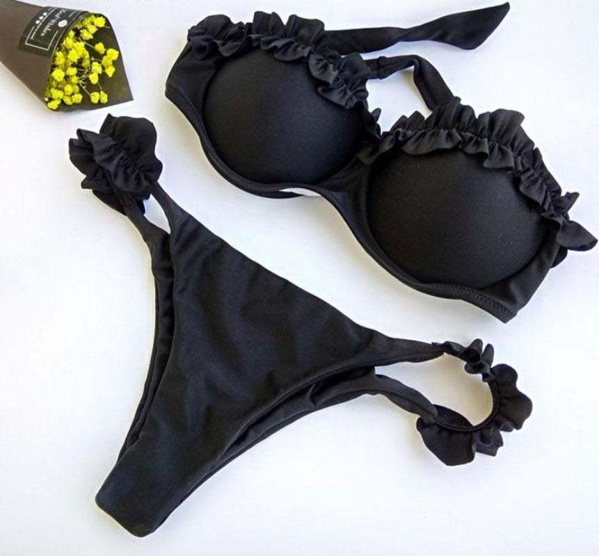 Dwuczęściowe damskie bikini z falbankami i brazylianami, strój kąpielowy bez ramiączek na plażę i lato.