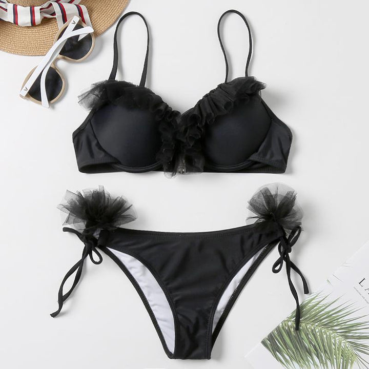 Modne damskie bikini z tiulem, dwuczęściowy strój kąpielowy, usztywniany. Idealne na plażę i lato.