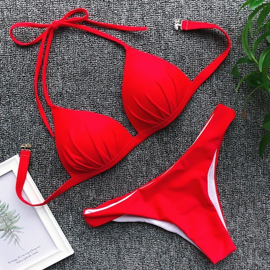 Stylowe bikini damskie, dwuczęściowe, wiązane, idealne na basen lub morze.