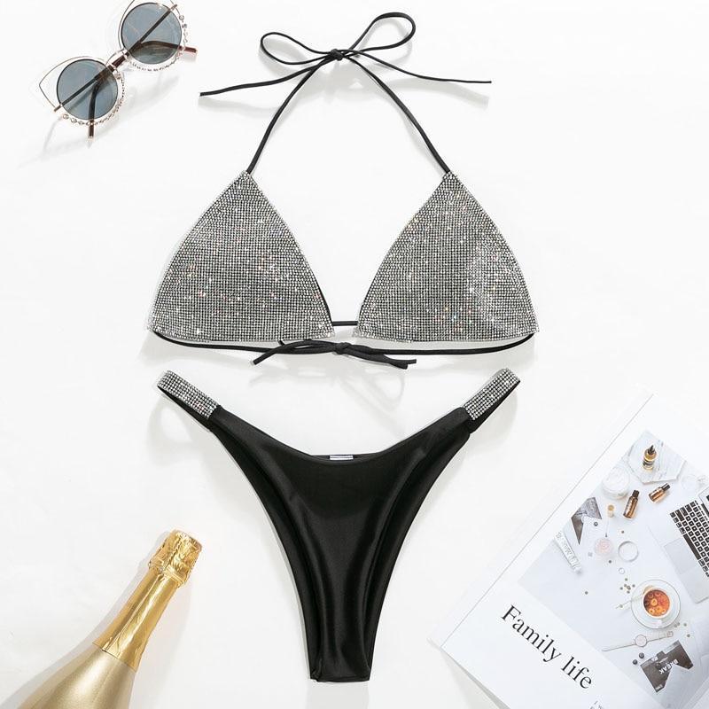 Damski strój kąpielowy bikini z wiązanymi brazylianami. Dwuczęściowy, z cyrkoniami, modny na lato i plażę.