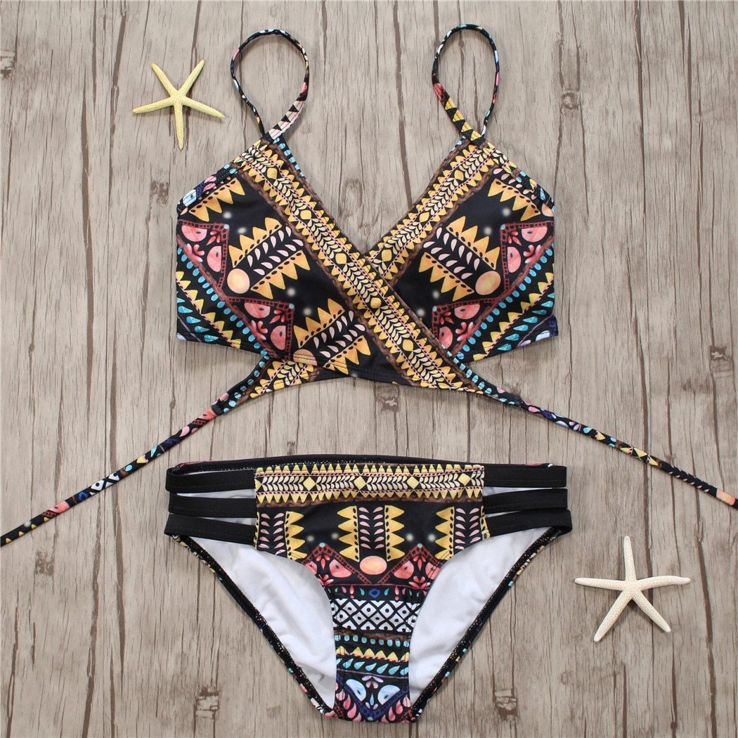 Modne damskie bikini z azteckim wzorem, dwuczęściowy strój kąpielowy na lato, wielokolorowy.