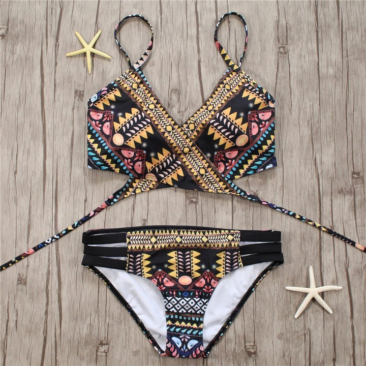 Modne damskie bikini z azteckim wzorem, dwuczęściowy strój kąpielowy na lato, wielokolorowy.