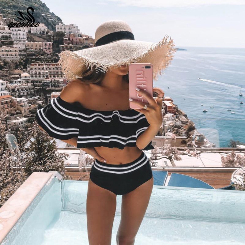 Damskie bikini z wysokim stanem i falbanami hiszpanka. Modny dwuczęściowy strój kąpielowy na lato i plażę.