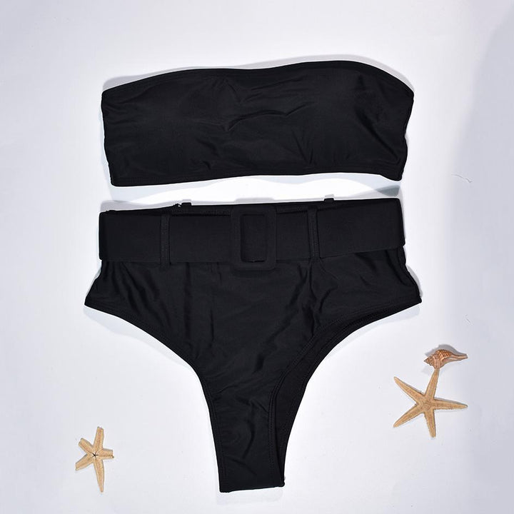Bikini bandeau z wysokim stanem. Damski dwuczęściowy strój kąpielowy, idealny na lato.