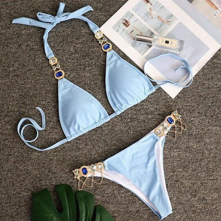Damskie bikini dwuczęściowe, modny krój z biżuterią, na basen i plażę.