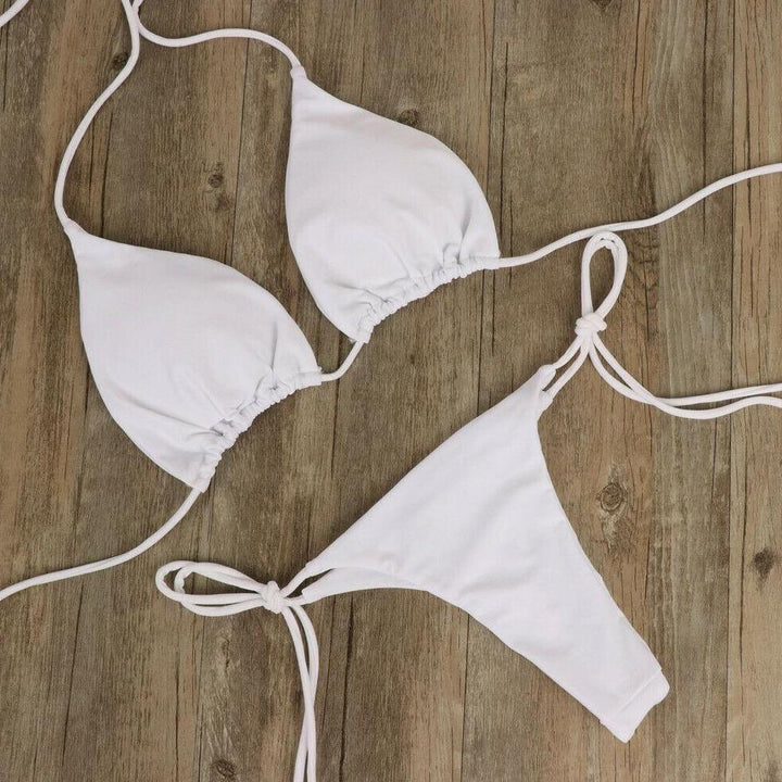Dwuczęściowe mikro bikini damskie, stringi i top wiązany. Poliester, sexy moda plażowa na wakacje.