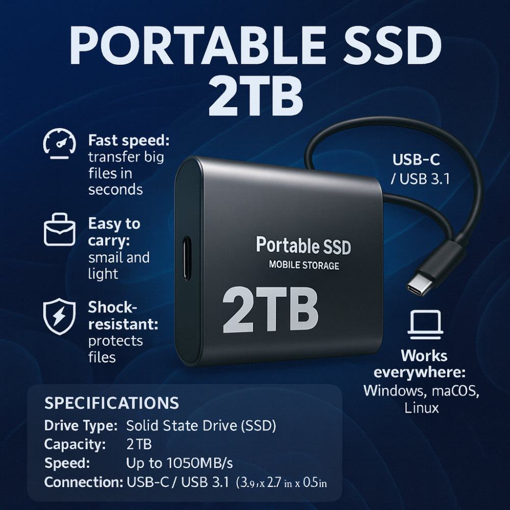 Ultra szybki dysk SSD zewnętrzny 2TB USB-C, mobilna pamięć do pracy i rozrywki.