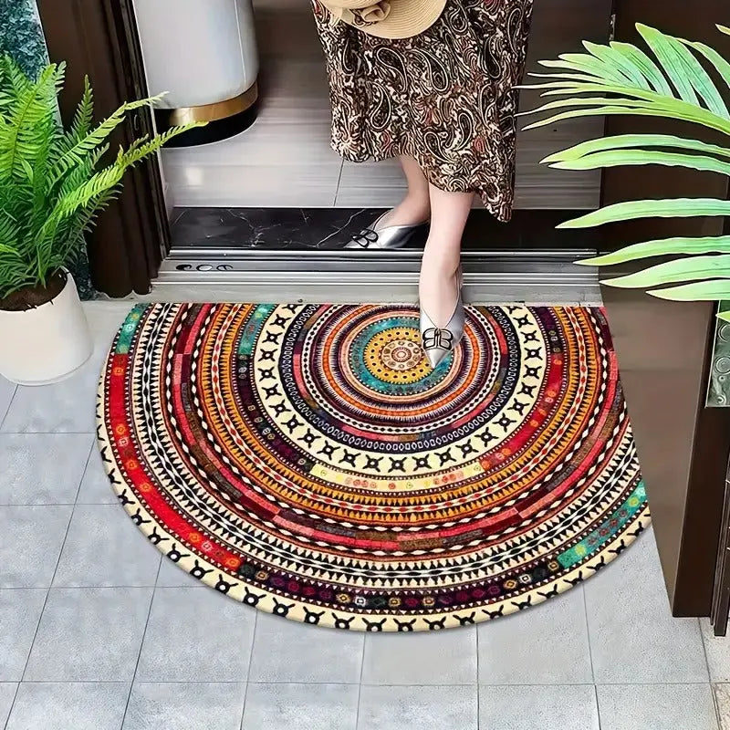 Wielokolorowa wycieraczka boho mandala. Półokrągła mata wejściowa, antypoślizgowa i łatwa do prania.