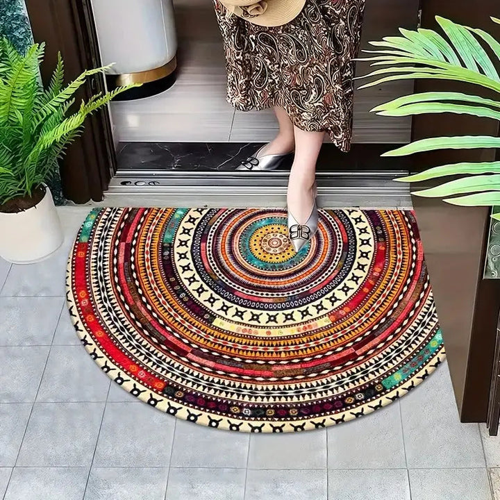 Wielokolorowa wycieraczka boho mandala. Półokrągła mata wejściowa, antypoślizgowa i łatwa do prania.