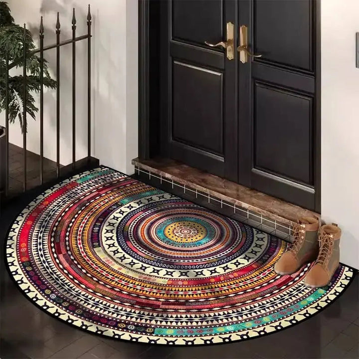 Półokrągła wycieraczka do domu, wzór boho mandala. Antypoślizgowa, dekoracyjna mata do przedpokoju.