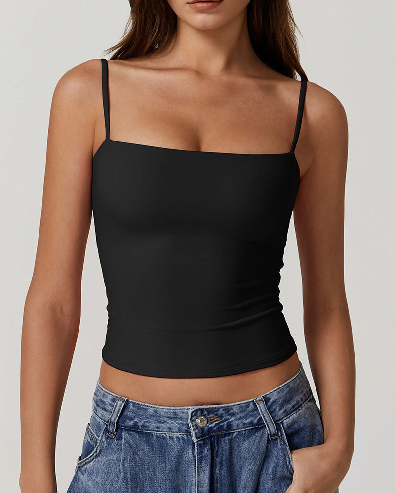 Letni top damski na ramiączkach, komfortowy i minimalistyczny. Z prostym dekoltem, pasuje do wielu outfitów.
