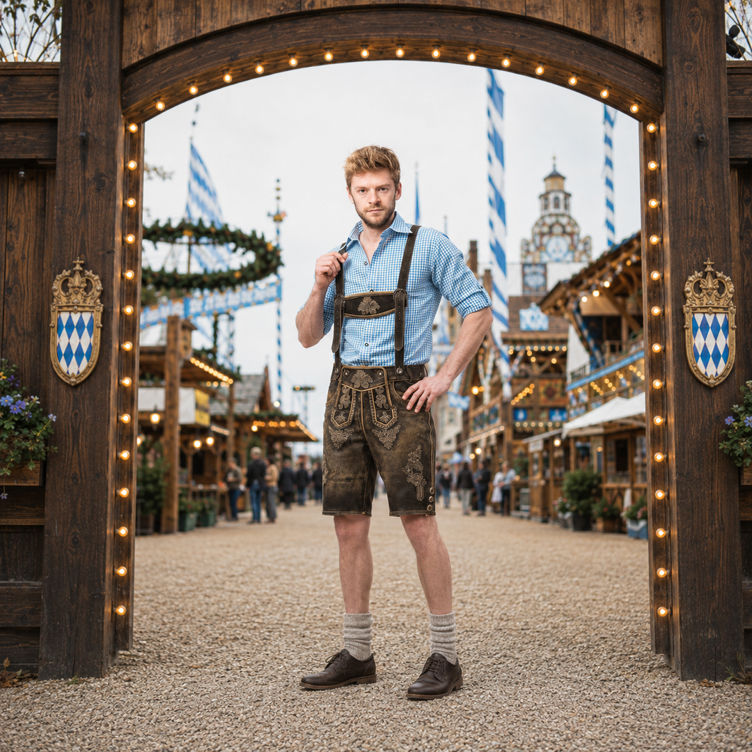 Tradycyjne tyrolskie lederhosen męskie, krótkie. Skórzane spodnie na Oktoberfest i karnawał.