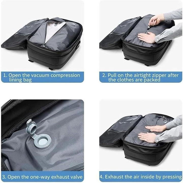 Unisex plecak podróżny kompresyjny z zamkiem antykradzieżowym. Rozszerzalny, wodoodporny, z miejscem na laptop.