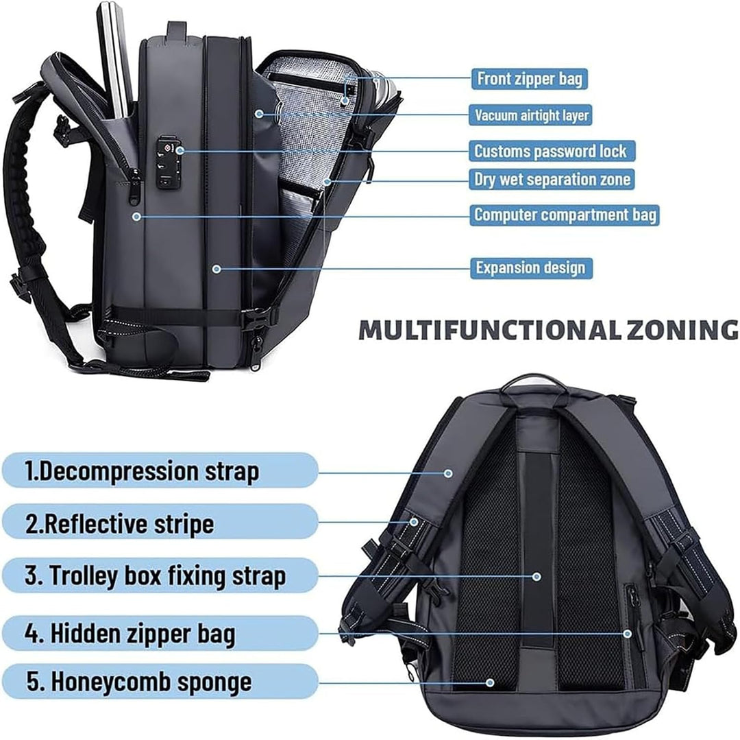 Funkcjonalny plecak podróżny unisex z kompresją i ochroną antykradzieżową. Rozszerzalny organizer na laptop.
