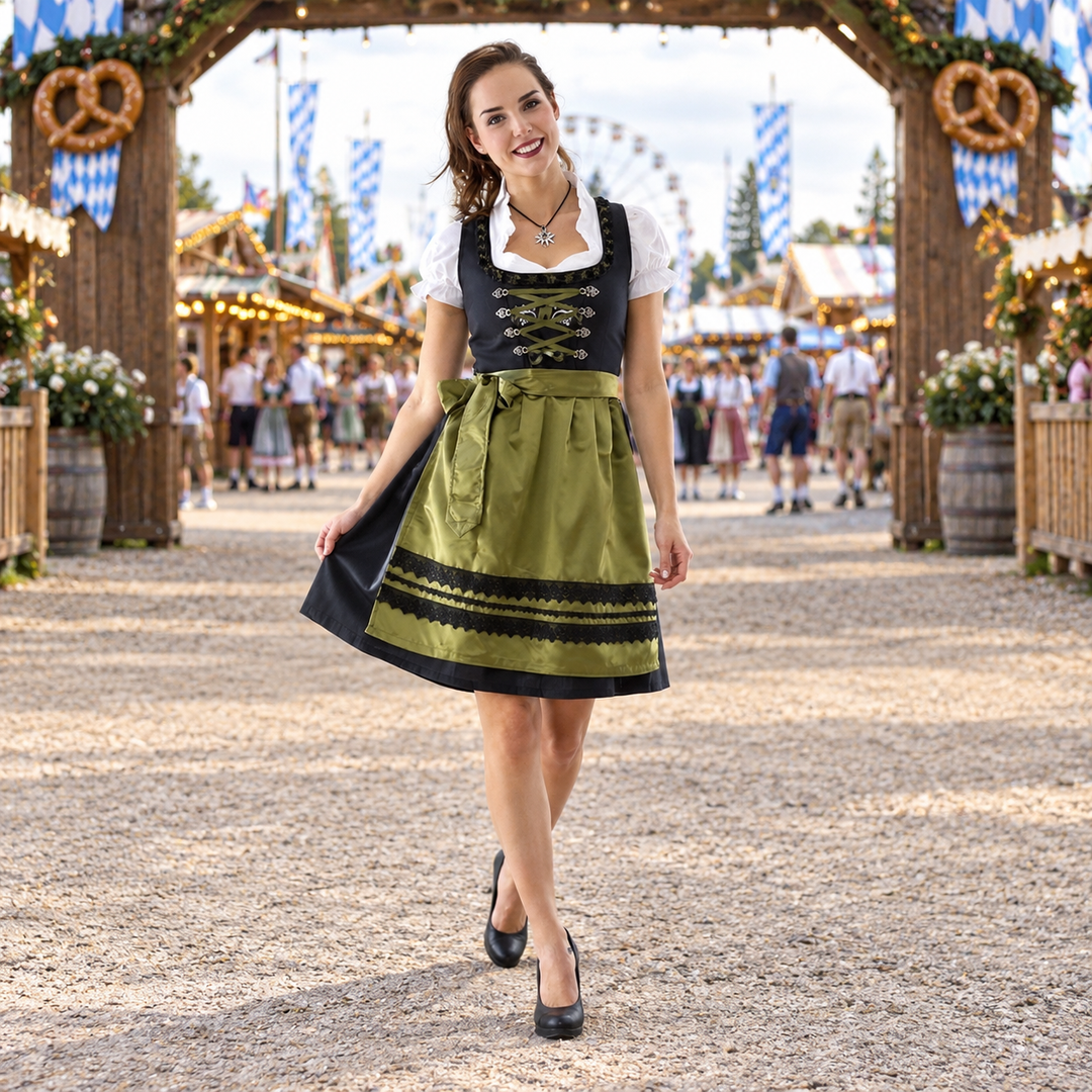 Kompletny strój bawarski Dirndl czarno-oliwkowy z bluzką, idealny na święto piwa Oktoberfest.