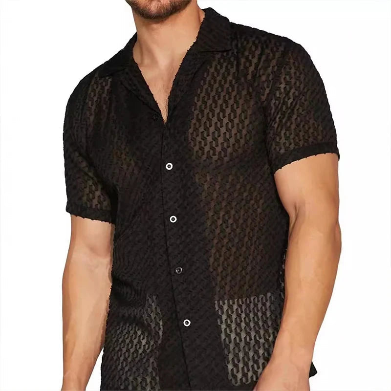 Męska koszula slim fit, czarna, krótki rękaw, idealna na lato. Połączenie elegancji i letniego luzu.