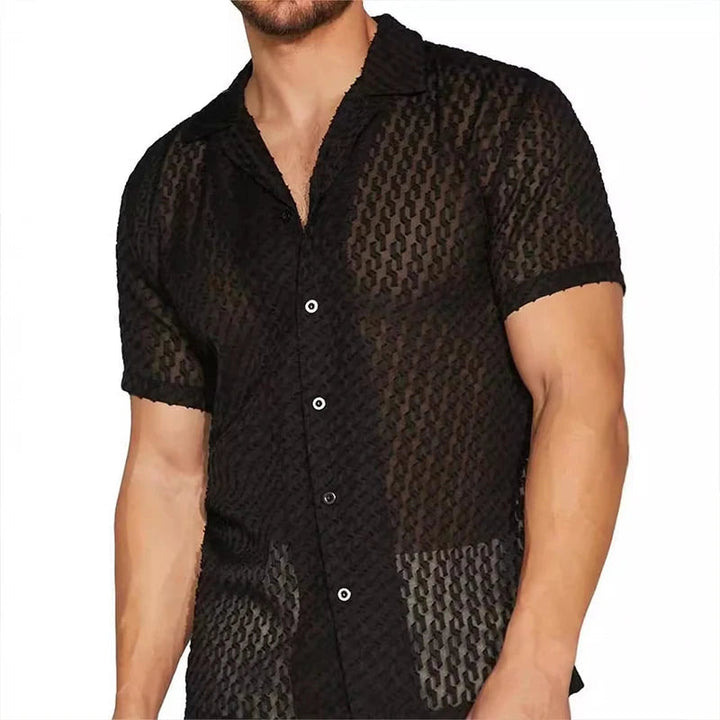 Męska koszula slim fit, czarna, krótki rękaw, idealna na lato. Połączenie elegancji i letniego luzu.