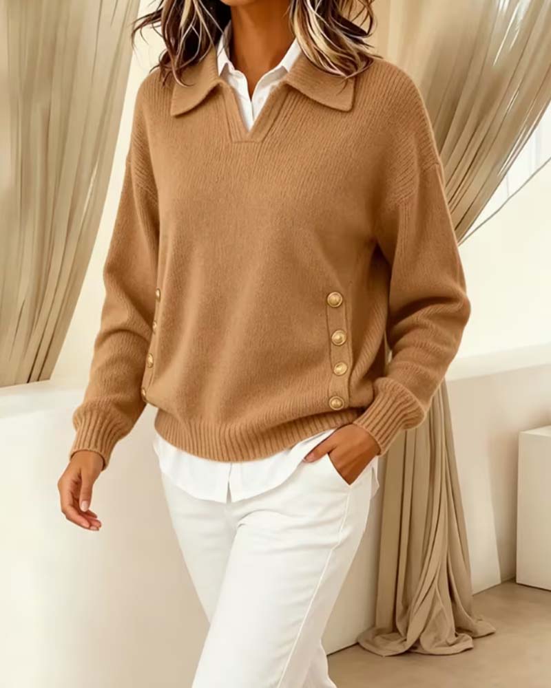 Wygodny sweter damski khaki na jesień/zimę. Luźny krój z kołnierzykiem, idealny do casualowych stylizacji.