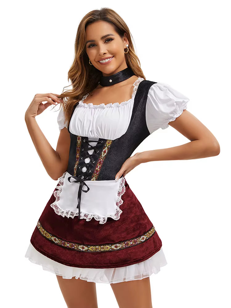 Kompletna sukienka Dirndl damska z ozdobnym gorsetem i bufiastymi rękawami. Świetna na Oktoberfest.