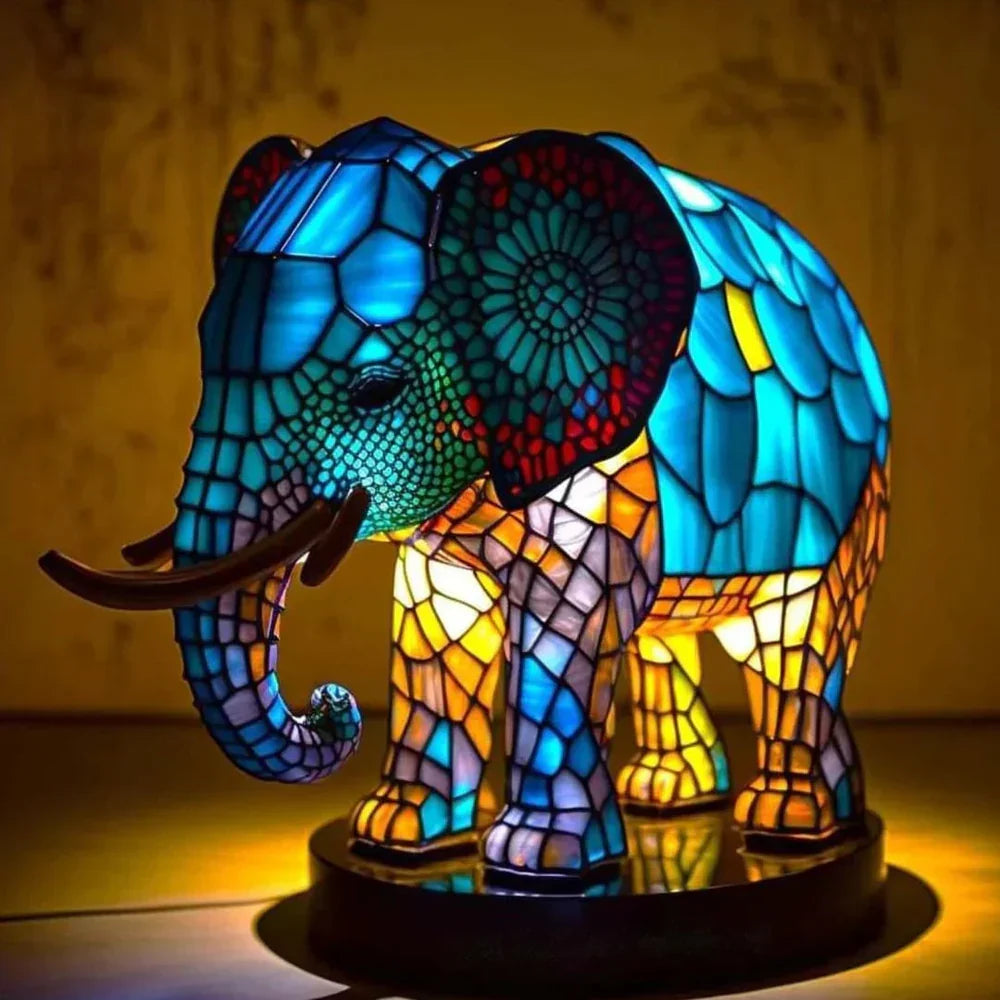Kolorowa lampa stołowa szklana, artystyczne wzory zwierzęce, do salonu/sypialni.