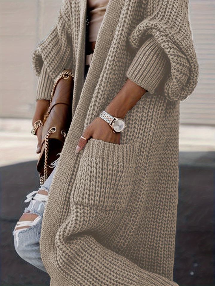 Jesienny damski kardigan maxi z kieszeniami, ciepły i stylowy, idealny na chłodniejsze dni, komfort.