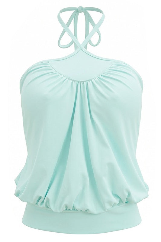 Damski top halter marszczony, krótki, casualowy, na letnie stylizacje. Komfort i styl.