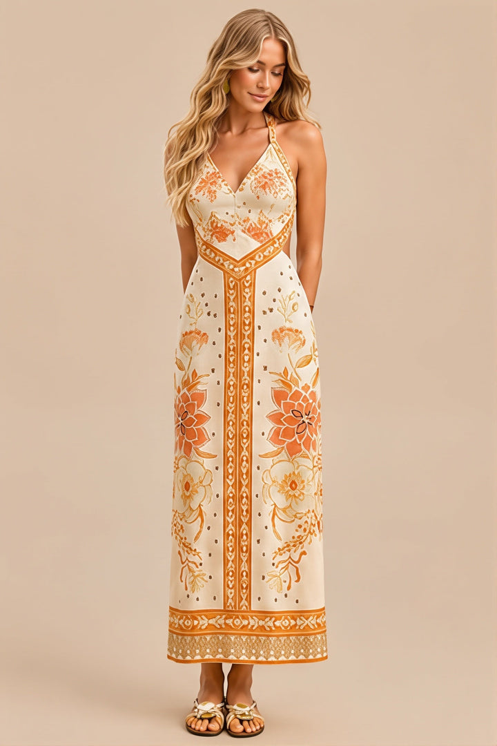 Elegancka casualowa sukienka midi halter w kwiaty. Poliester, przewiewna, idealna na lato i wakacje.