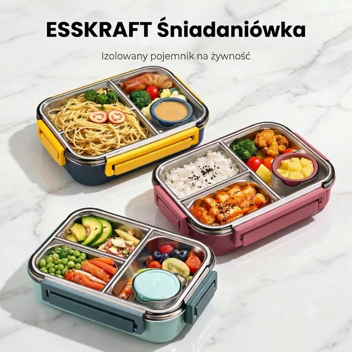 Szczelny lunchbox ze stali nierdzewnej z 3 komorami, utrzymujący świeżość i ciepło posiłków.