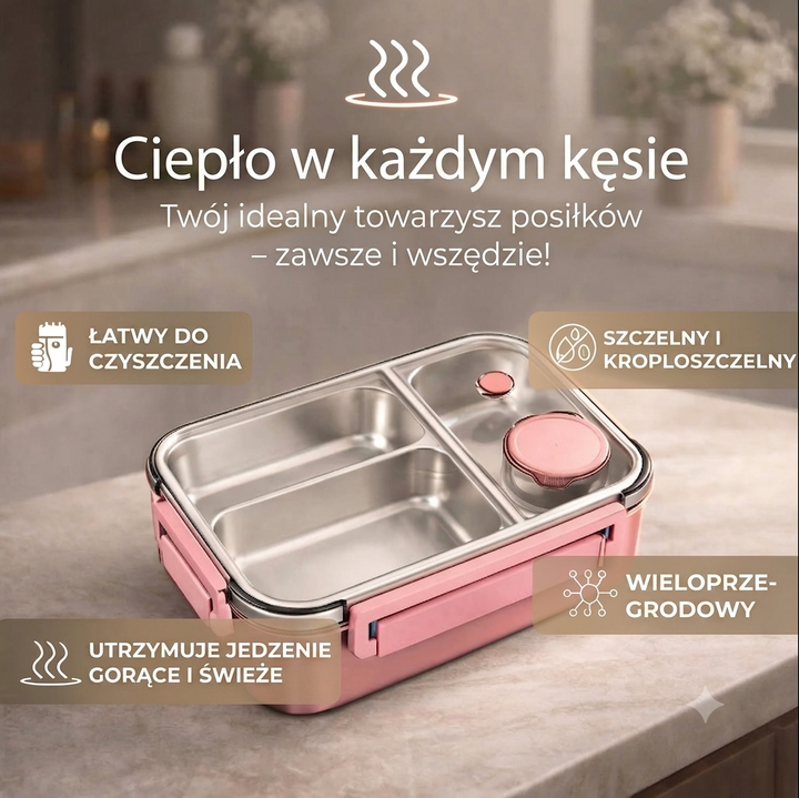 Praktyczny termiczny pojemnik z 3 przegródkami, doskonały na ciepłe posiłki, na piknik lub wycieczkę.