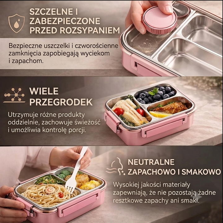 Otwarty pojemnik termiczny z widocznymi 3 przegródkami, wypełniony zdrowym i zbilansowanym lunchem.