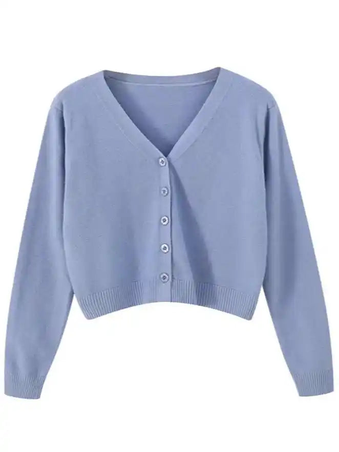 Damski krótki sweter V-neck, luźny krój. Idealny na warstwy, wiosenny/jesienny, casualowy top.
