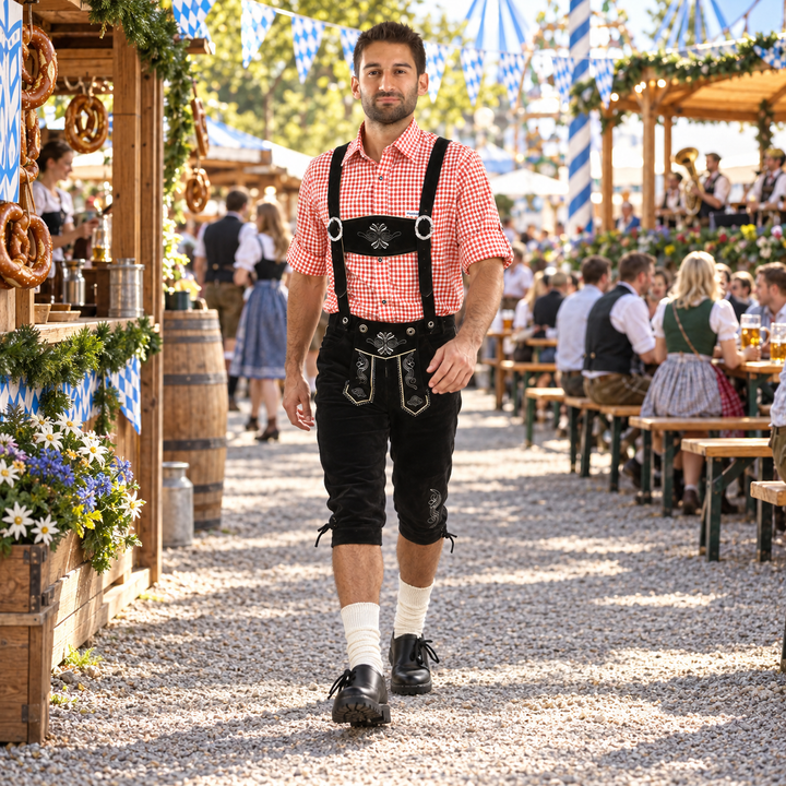 Czarne skórzane spodnie Lederhosen męskie, do kolan, klasyczny strój na Oktoberfest.