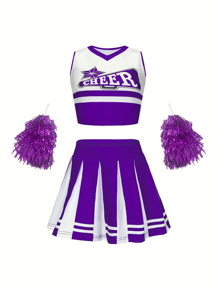 Fioletowy zestaw cheerleaderki dla dziewczynki, idealny na występ taneczny lub imprezę dla dzieci.