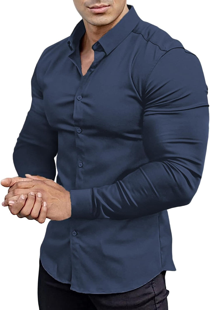 Gładka męska koszula slim fit, kreukvrij, elegancka, do pracy i na wieczór.