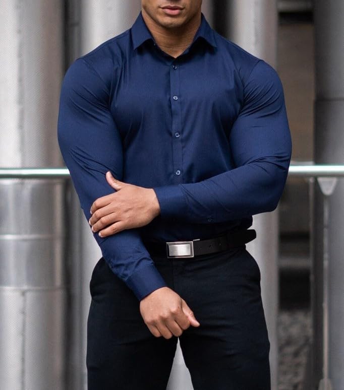 Biznesowa koszula slim fit męska, dopasowana, gładka, profesjonalny wygląd.