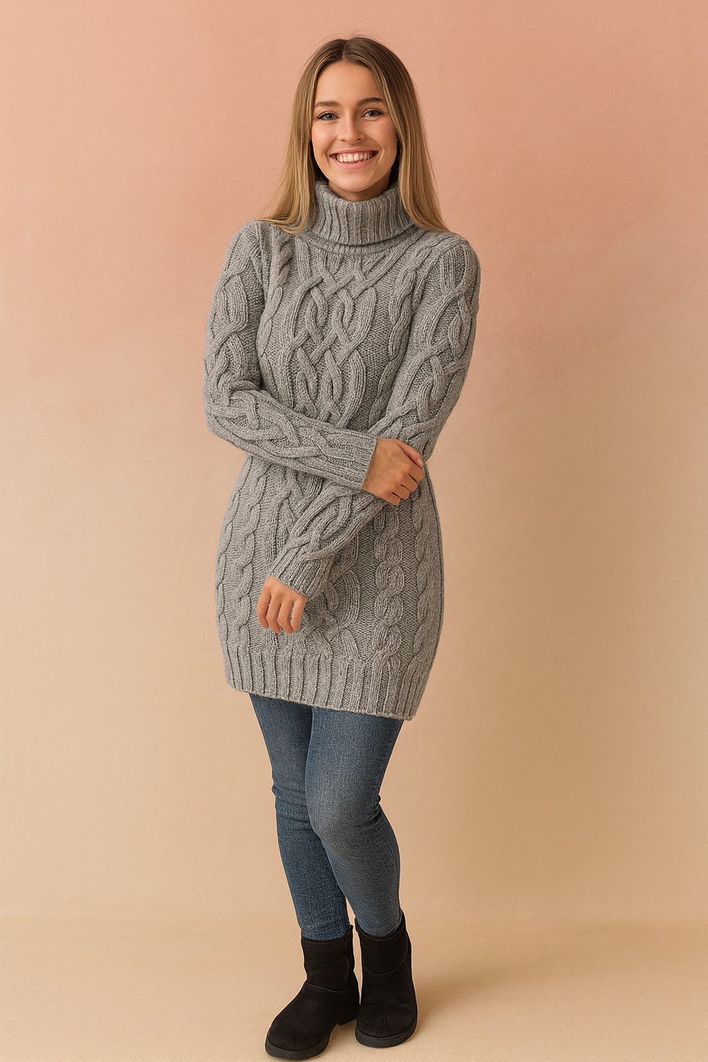 Elegancki zimowy sweter damski z golfem, wykonany z miękkiej dzianiny o warkoczowym splocie. Stylowy dodatek do stylizacji.