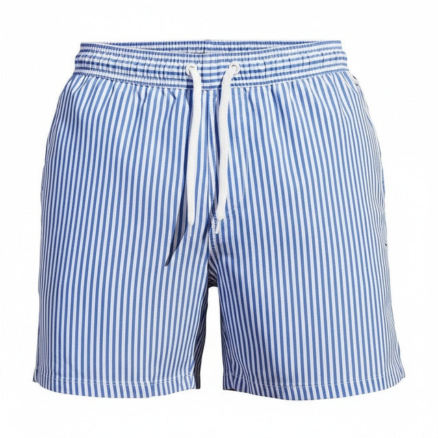 Męskie szorty kąpielowe w pionowe paski, z troczkiem, idealne na plażę i basen.