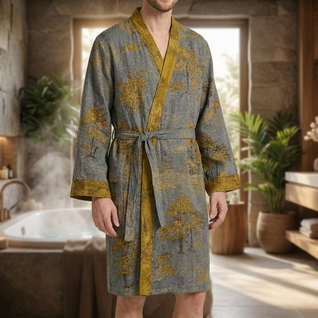 Męskie lekkie kimono bawełniane żakardowe fioletowo-pomarańczowe. Komfortowy szlafrok do relaksu po kąpieli.