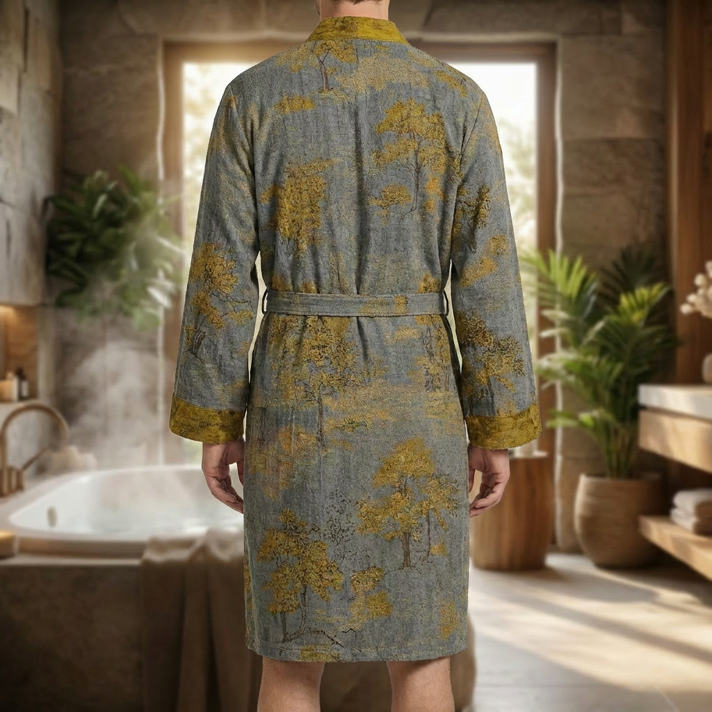 Bawełniane męskie kimono-szlafrok, idealne na domowy relaks. Lekkie, żakardowe, w fioletowo-pomarańczowym kolorze.