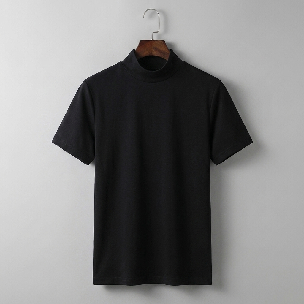 Czarna męska koszulka ze stojącym kołnierzem. Wygodny i stylowy t-shirt na lato, idealny do casualowych outfitów.