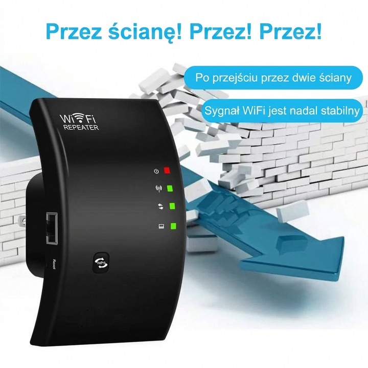Czarny repeater WiFi dual band do rozbudowy sieci i szybkiego internetu. Zwiększ zasięg WiFi, bez problemów z sygnałem.