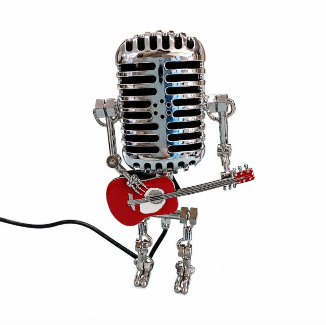 Unikalna lampa robot LED z mikrofonem i gitarą, metalowa dekoracja w stylu retro, idealny prezent.