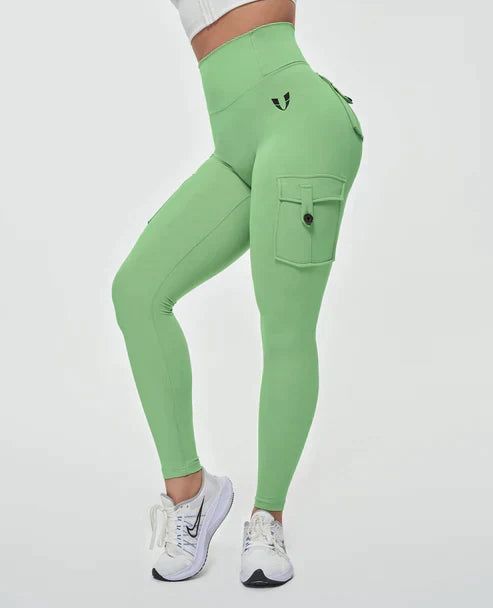 Stylowe damskie legginsy cargo z wysokim stanem, wygodne i uniwersalne, świetne na wiosenne dni i aktywność.