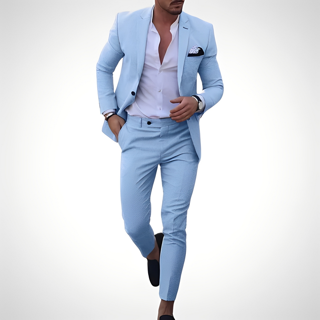 Męski elegancki zestaw slim fit: marynarka i spodnie. Idealny na wesele, biznes lub formalne okazje.