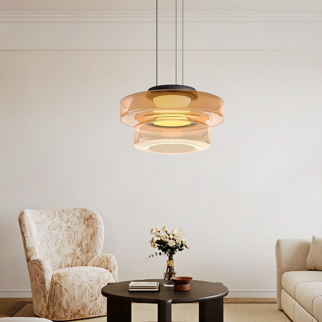 Elegancka bursztynowa lampa wisząca, szklana, styl Bauhaus, idealna do salonu.