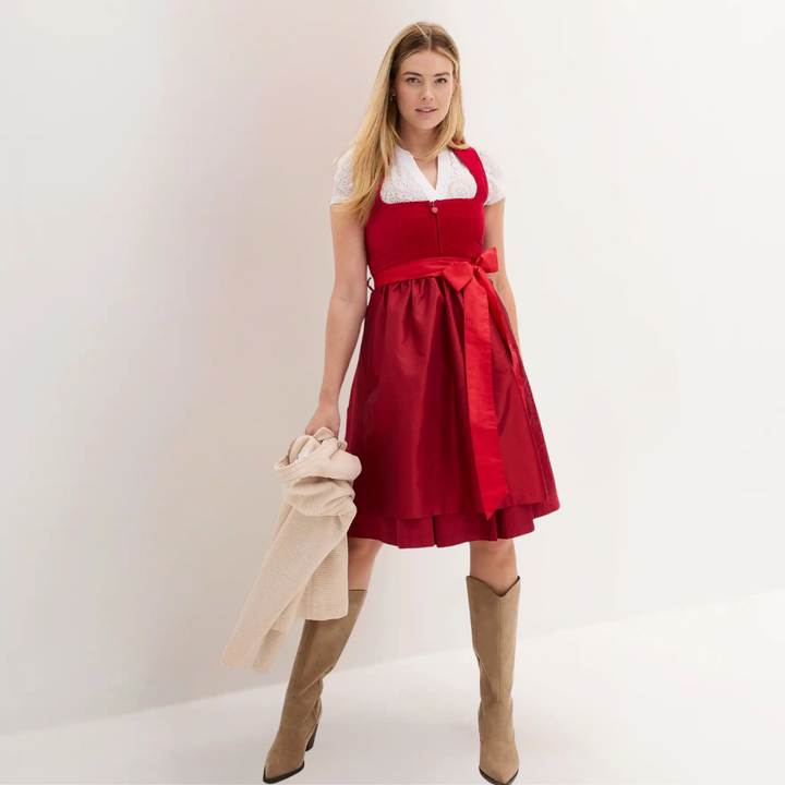 Damska sukienka dirndl midi na Oktoberfest. Tradycyjny strój bawarski, idealny na uroczystości.