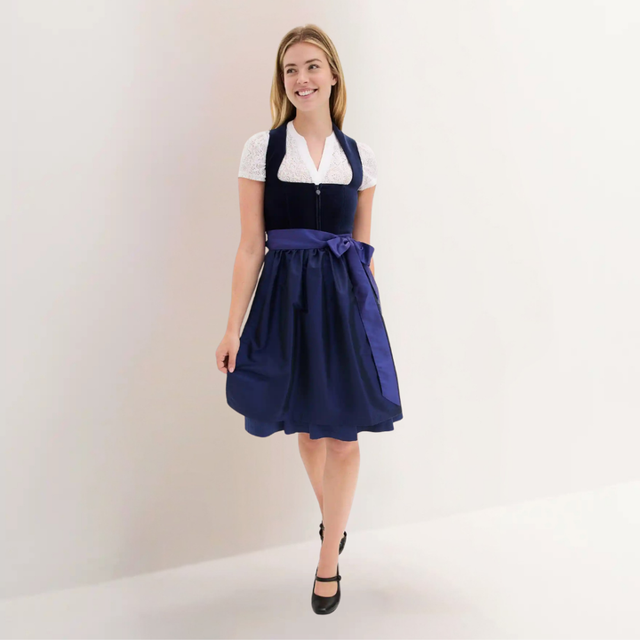 Tradycyjna sukienka dirndl midi z fartuchem i bluzką. Idealny komplet na Oktoberfest i wizyty.