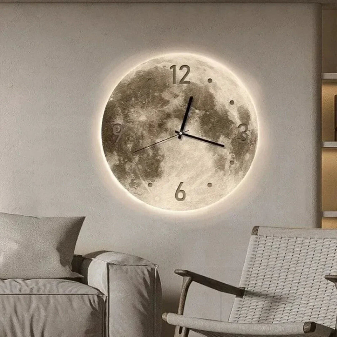 Designerski zegar ścienny z motywem nocnego nieba i subtelnym oświetleniem, elegancki dodatek do domu.