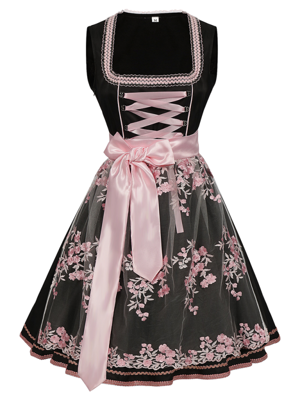 Czarna sukienka dirndl damska w kwiaty, idealna na Oktoberfest.